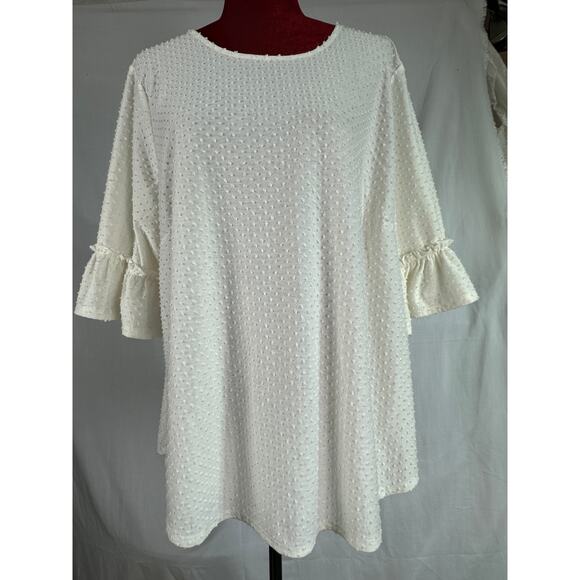 Women's 2XL XXL White dotted swiss top with ruffled 3/4 sleeve MoaMoa - Picture 1 of 7